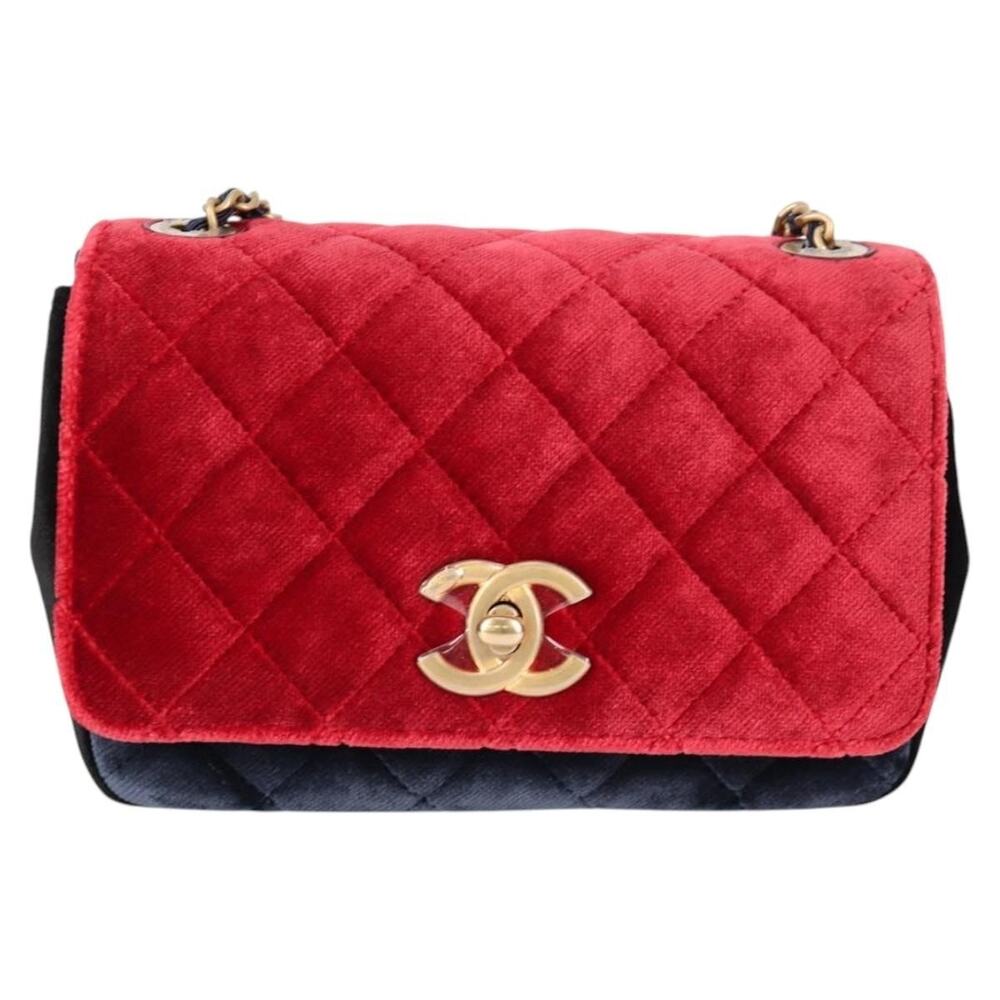 Chanel Matelasse Camellia Chain Shoulder Bag Velor Red